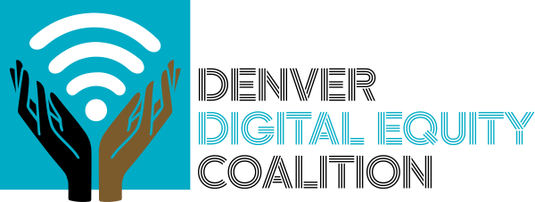 logo of the Denver Digital Equity Coalition, featuring two upraised hands around a wifi symbol